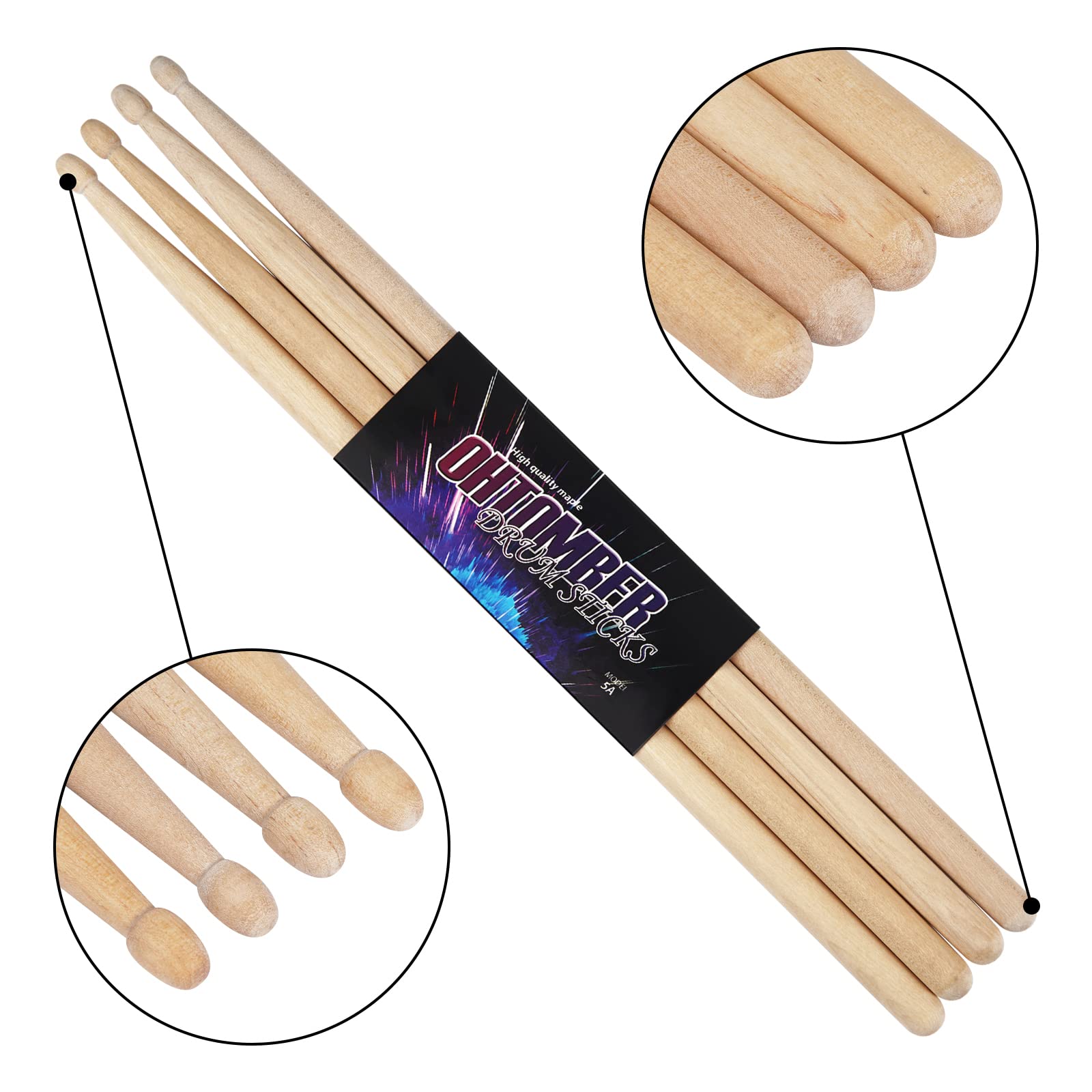 Ohtomber Drum Sticks, 2 Pair 5A Maple Drumsticks