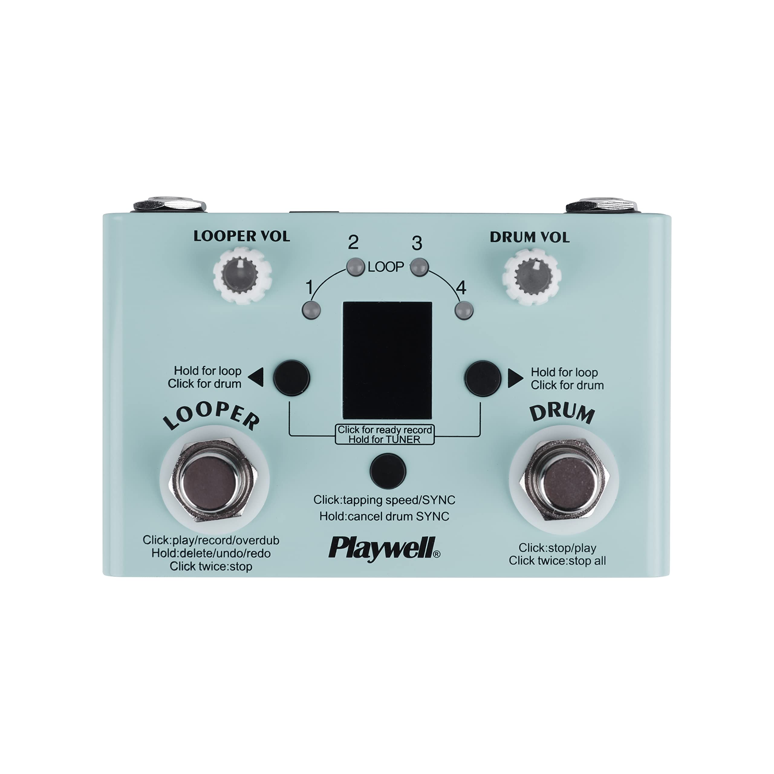 Playwell Drum Machine Looper with Tuner - 11 Minutes Looper 30 Drums - Link app to customize, edit and share drum codes - two kinds of power supply - Headphone Jack，digital display，LED indicator