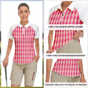 Women's Plaid Golf Polo Shirts Short Sleeve Moisture Wicking Golf Apparel Lady Argyle Golf Tops (Pink Argyle, Large)