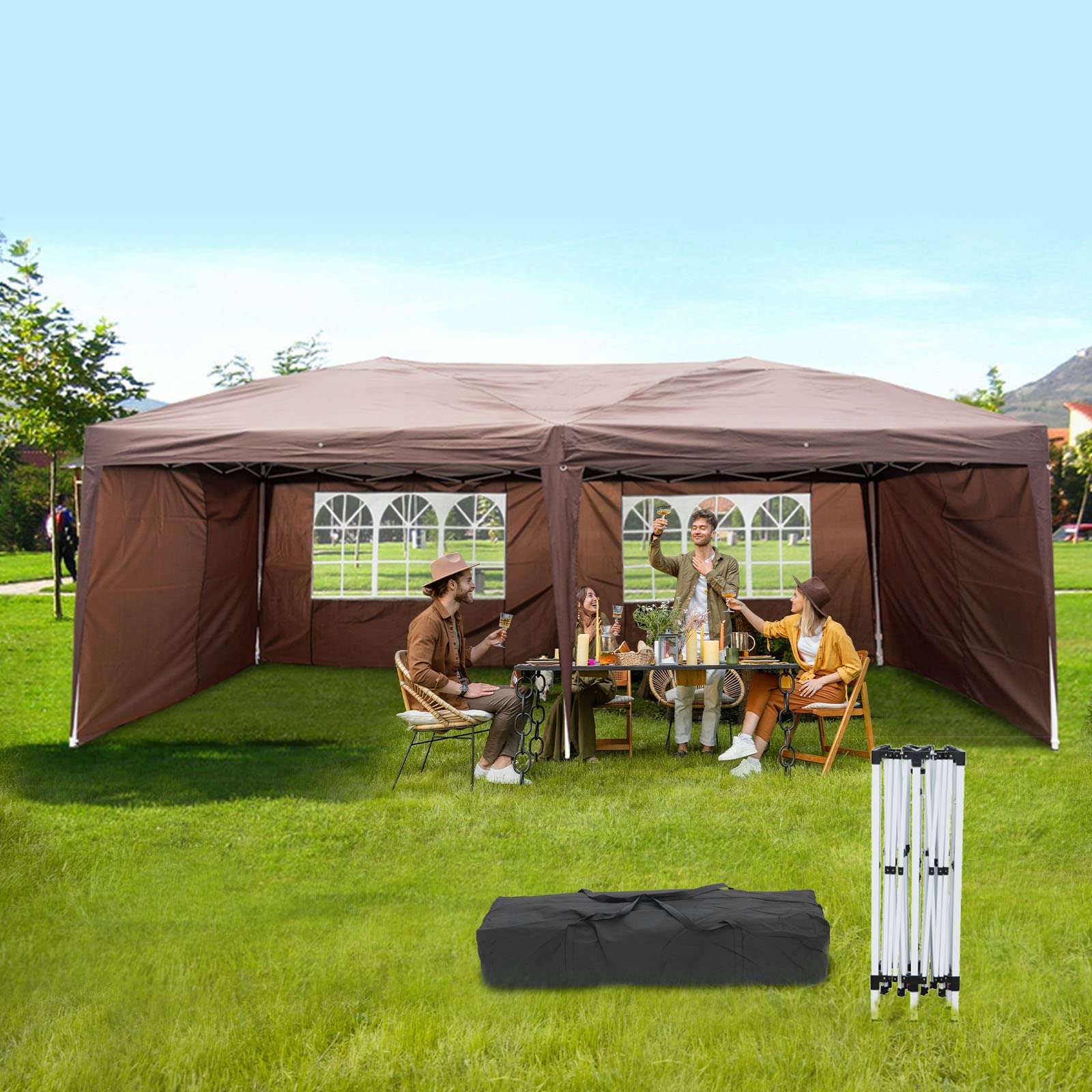 BELANITAS 10x20 Canopy Tent with 4 Walls Folding Tent,Two Doors and Two Windows Pop Up Canopy,Adjustable Height Pop Up Canopy Tent,Outdoor Party Tents for Events,Brown