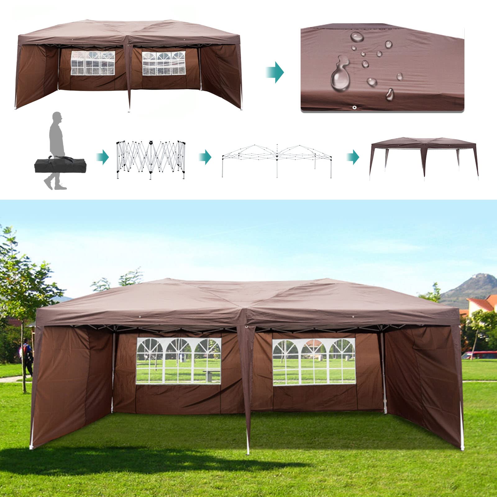 BELANITAS 10x20 Canopy Tent with 4 Walls Folding Tent,Two Doors and Two Windows Pop Up Canopy,Adjustable Height Pop Up Canopy Tent,Outdoor Party Tents for Events,Brown