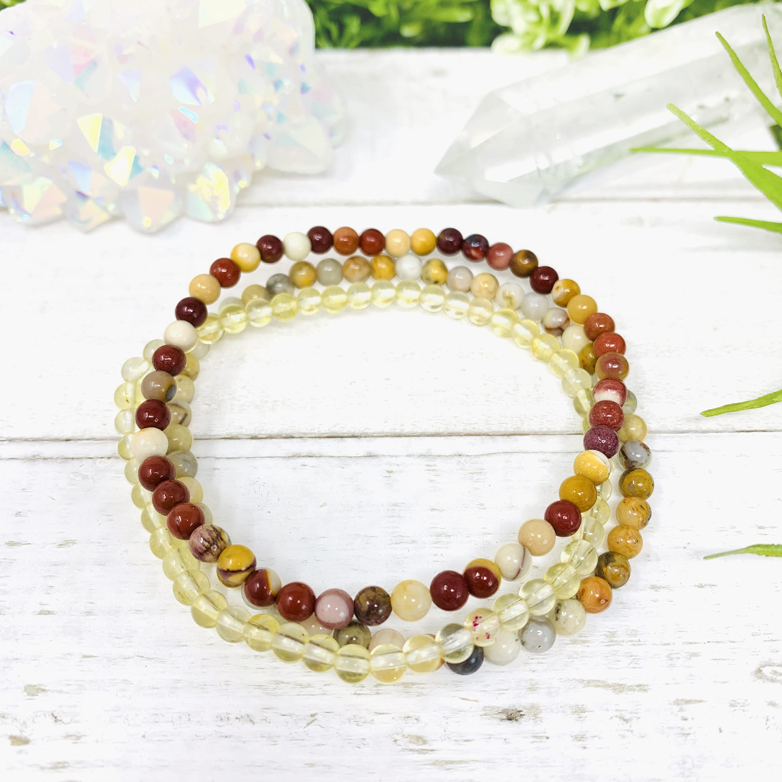 Joy Happiness Attract Positive Energy Stackable Beaded Gemstone Crystal Bracelet Set - Solar Plexus - Citrine, Crazy Lace Agate, Mookaite