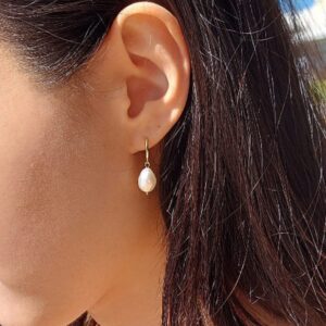 Small Pearl Huggie Hoop Earrings with Dangle for Women, Sterling Silver Drop Huggie Earring with Charm for Everyday