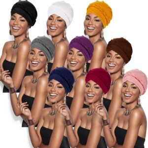 9 Pack Braid Turban Cap for Women Ethnic Bohemia Twisted Hair Cover Wrap Hat African Pre Tied Bonnet Chemo Cancer Braid Turban Hat Beanies Headwear Multicoloured