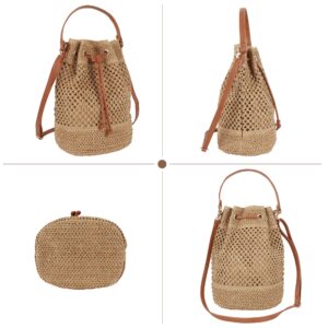 Van Caro Shoulder Bucket Bag Straw Tote StrawHandwoven Drawstring Beach/Crossbody Bag for Women,Light Coffee