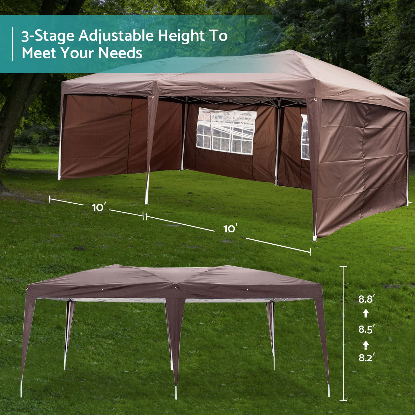 BELANITAS 10x20 Canopy Tent with 4 Walls Folding Tent,Two Doors and Two Windows Pop Up Canopy,Adjustable Height Pop Up Canopy Tent,Outdoor Party Tents for Events,Brown