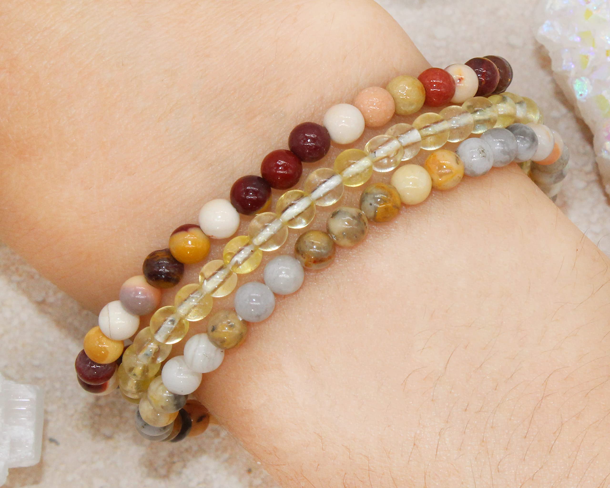 Joy Happiness Attract Positive Energy Stackable Beaded Gemstone Crystal Bracelet Set - Solar Plexus - Citrine, Crazy Lace Agate, Mookaite