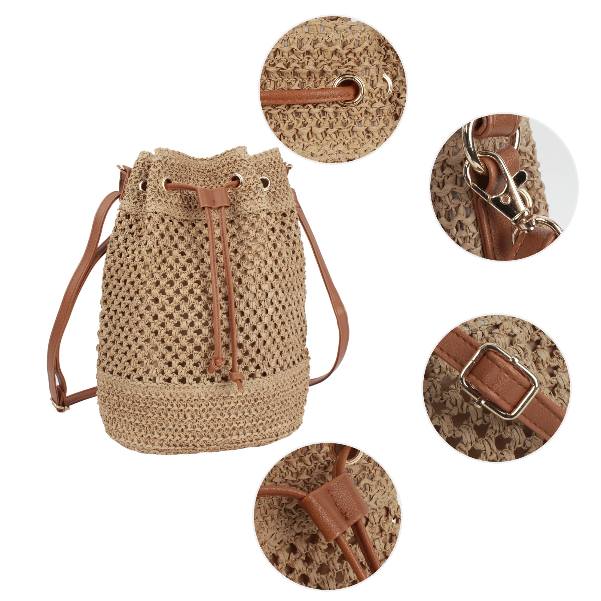 Van Caro Shoulder Bucket Bag Straw Tote StrawHandwoven Drawstring Beach/Crossbody Bag for Women,Light Coffee