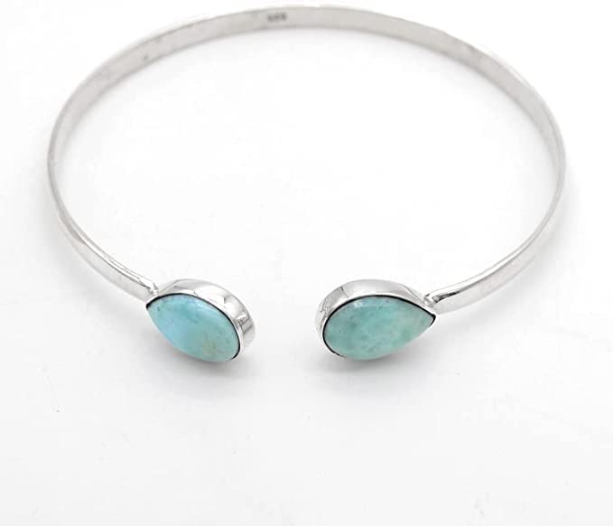 TEJIKA INTERNATIONAL Larimar Bangle, 925 Silver Handmade, Cuff Bangle, blue double stone bracelet Women Jewelry, BY TEJIKA