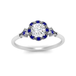 jewelrygift vintage halo diamond engagement ring sterling silver created blue sapphire cushion shape blue color vintage engagement rings pave setting in size 7 casual wear for gift