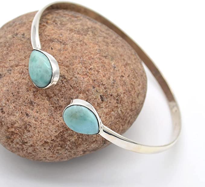 TEJIKA INTERNATIONAL Larimar Bangle, 925 Silver Handmade, Cuff Bangle, blue double stone bracelet Women Jewelry, BY TEJIKA