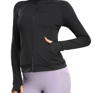 Locachy Women's Slim Fit Stretchy Athletic Workout Lightweight Full Zip Sports Jacket with Pockets Black S