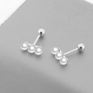 20g Minimalist 3 Pearl 925 Sterling Silver Tiny Mini Cute Small Ball Cartilage Stud Earrings for Women Teen Girls Sensitive Ear Dainty Simple Piercing Post Screw Back Helix Tragus Hypoallergenic