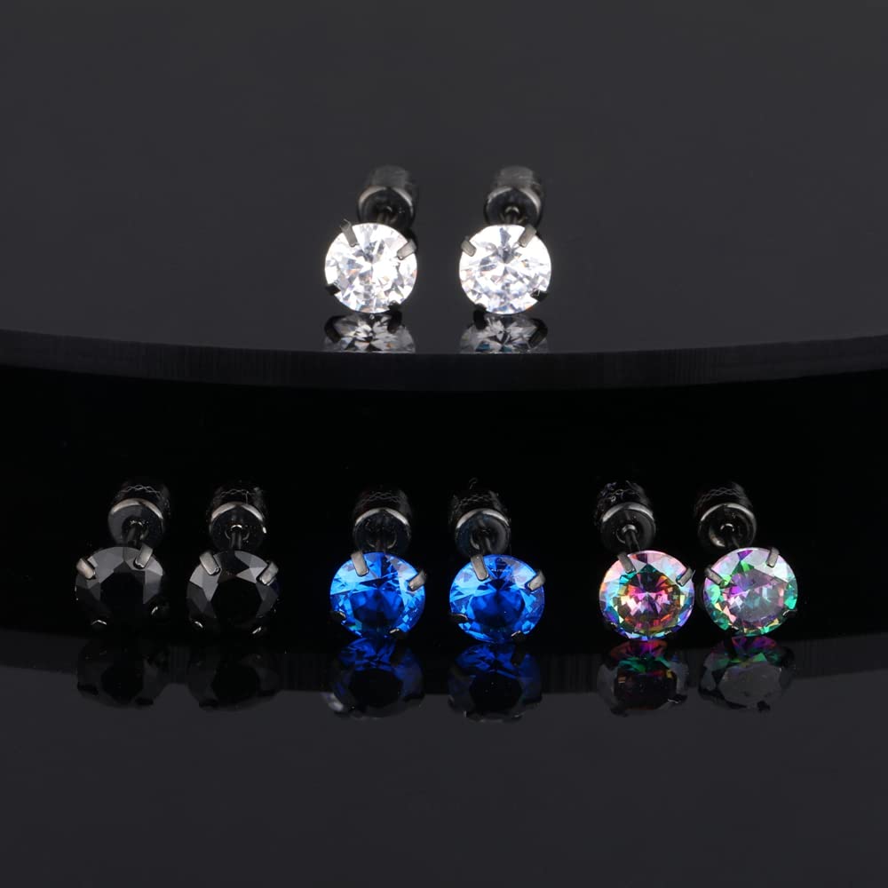 4 Pairs Black Screw Back of Earrings Cubic Zirconia Studs for Women Men 20G Can Wear Double Side Surgical Stainless Steel Hypoallergenic Jewelry (4 Pairs Black 6mm)