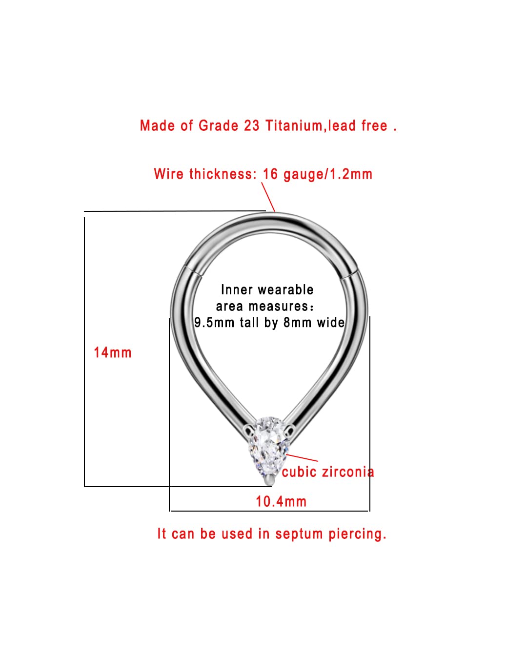 FANSING Titanium Septum Rings for Women 16 Gauge Septum Clicker Clear Cubic Zirconia Septum Piercing Rings 16g Septum Jewelry 8mm Teardrop Septum Ring Hoop