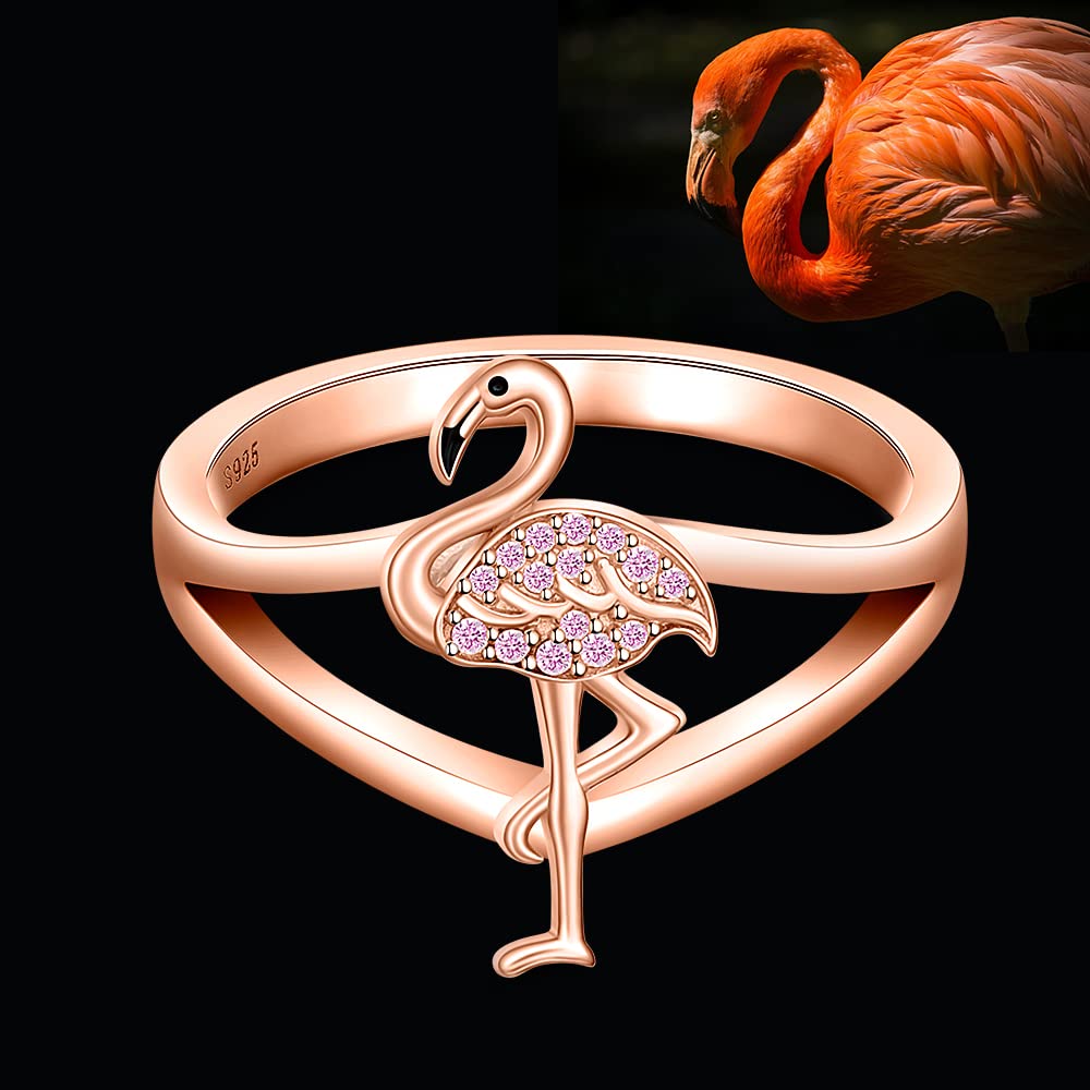 Flamingo Ring for Women Sterling Silver Cute Bird Rose Gold Pink Flamingo Wedding Rings Animal Engagement Finger Band Jewelry Gifts Size 8