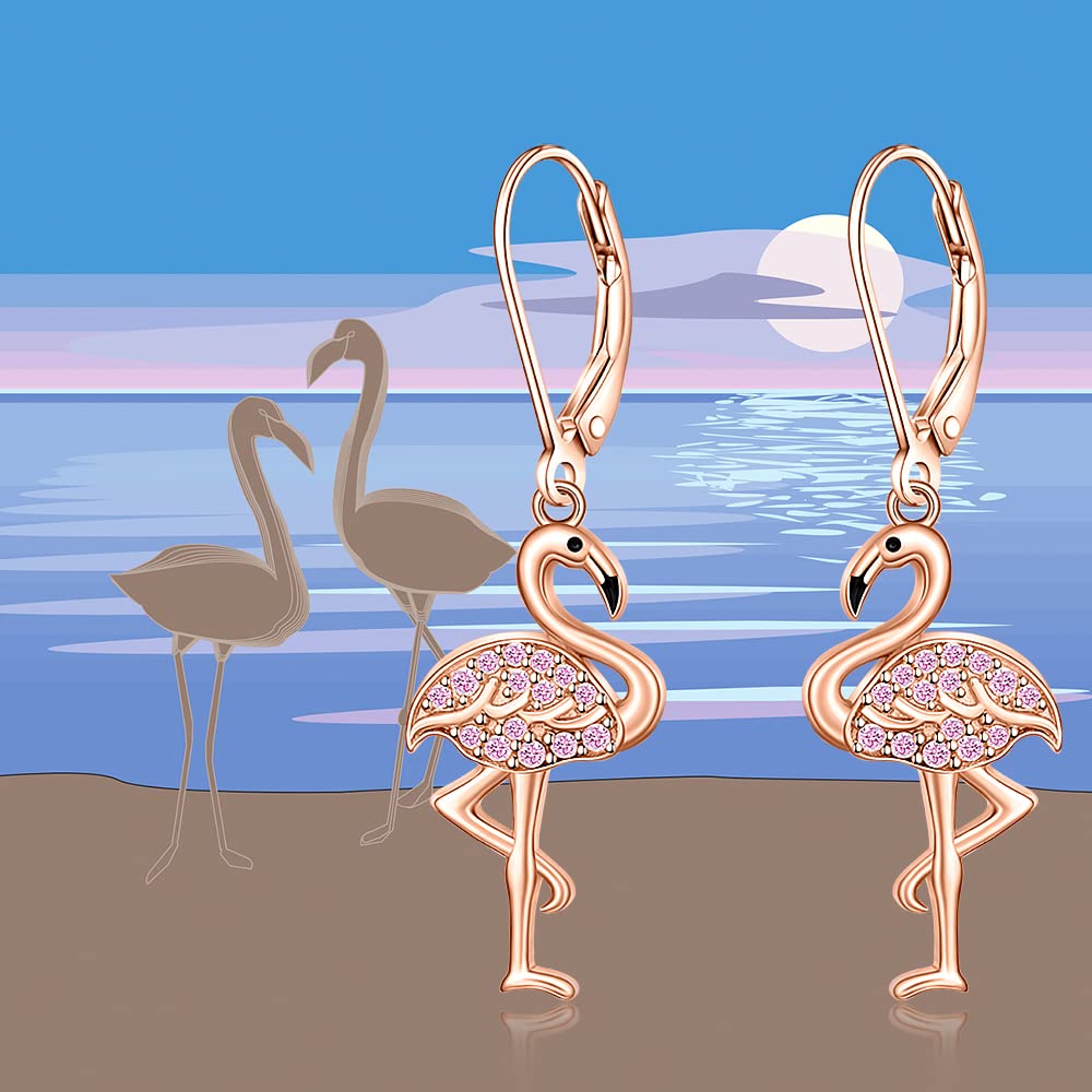 Flamingo Earrings for Women Sterling Silver Cute Bird Animal Rose Gold Pink Flamingo Dangle Hypoallergenic Christmas Holiday Summer Gifts