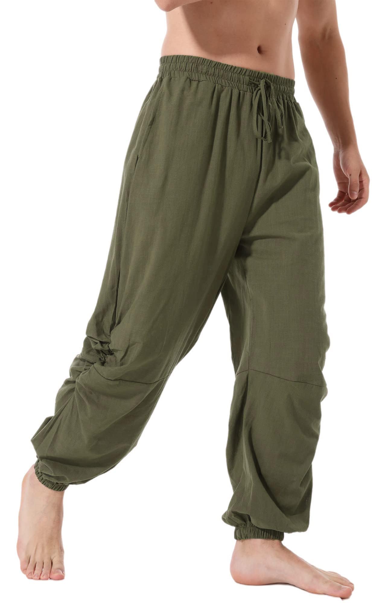 perdontoo Mens Casual Cotton Linen Pant Elastic Waist Drawstring Yoga Jogger Pants (3X-Large, Army Green)