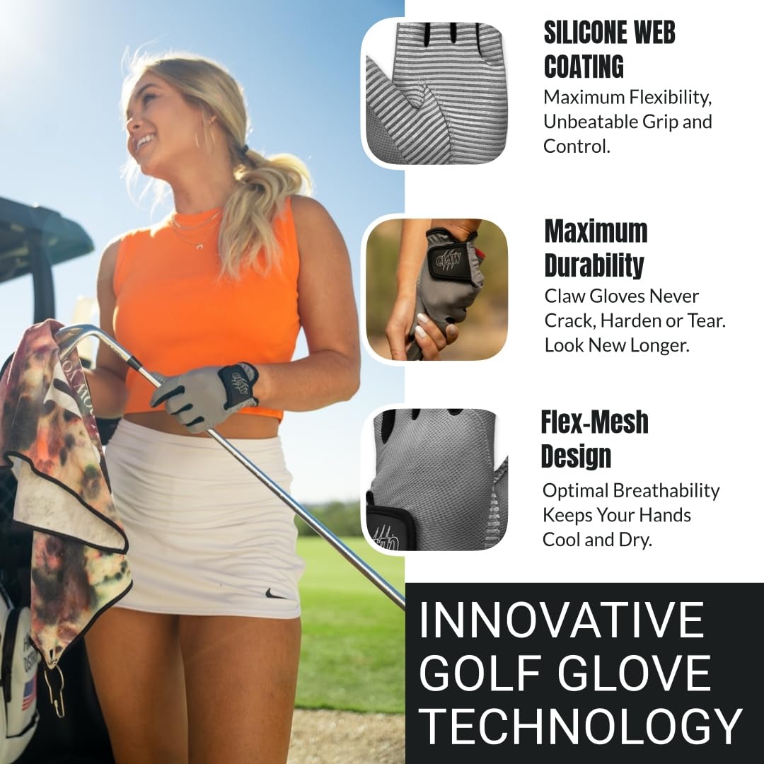 CaddyDaddy Claw Golf Gloves for Women | Flex-Mesh Design for Cool Ventilation | Lasts 3-5 Times Longer Than Leather | Silicone-Web Coating for Maximum Grip | Machine-Washable | Grey | RH-Med