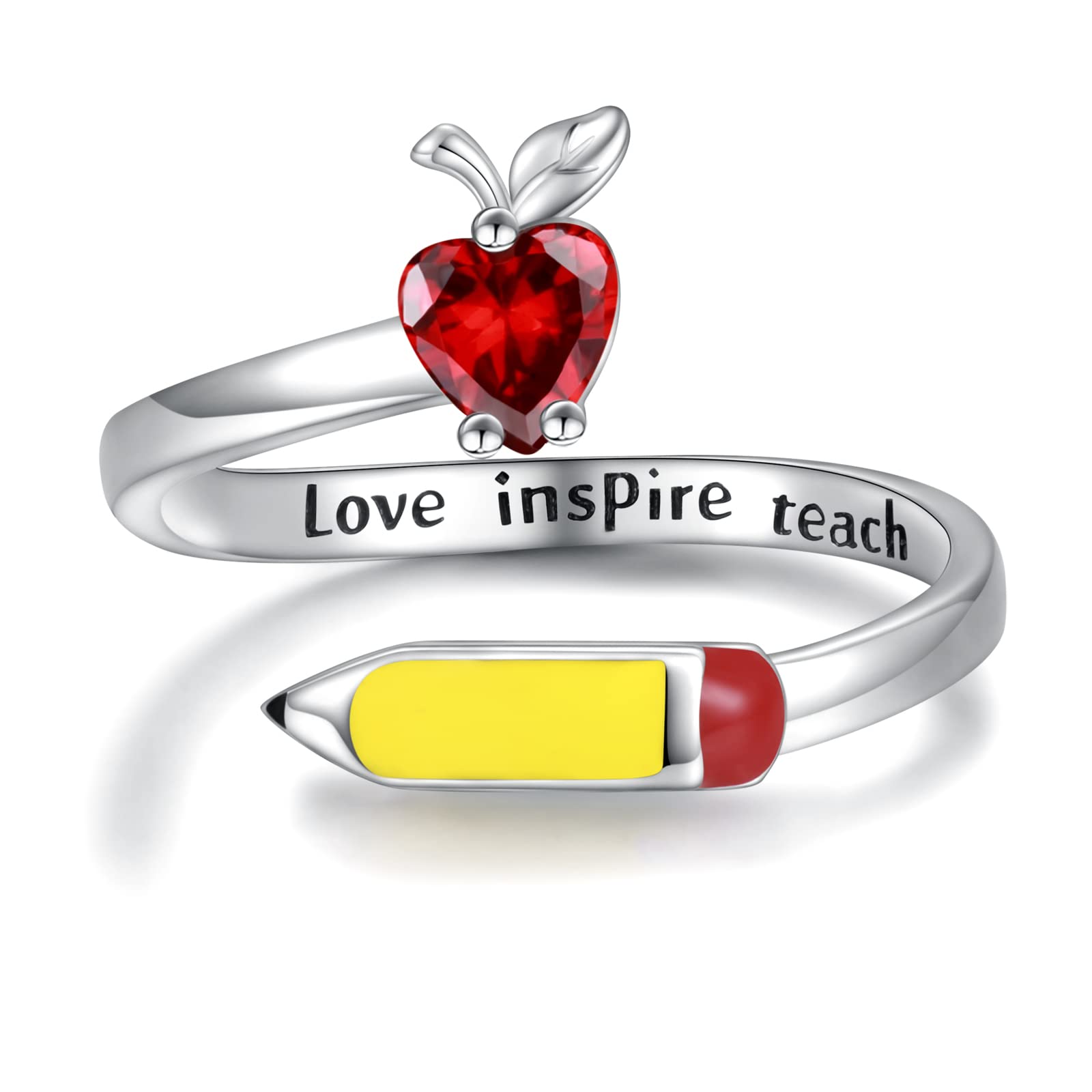 Mic Tai Teacher Appreciation Jewelry Gifts 925 Sterling Silver Love Inspire Teach Apple Pencil Ring for Women