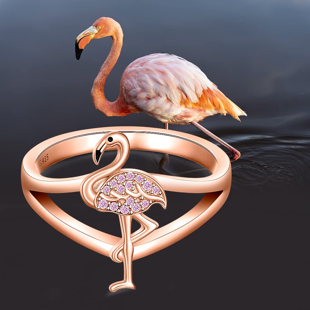 Flamingo Ring for Women Sterling Silver Cute Bird Rose Gold Pink Flamingo Wedding Rings Animal Engagement Finger Band Jewelry Gifts Size 8