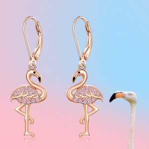 Flamingo Earrings for Women Sterling Silver Cute Bird Animal Rose Gold Pink Flamingo Dangle Hypoallergenic Christmas Holiday Summer Gifts