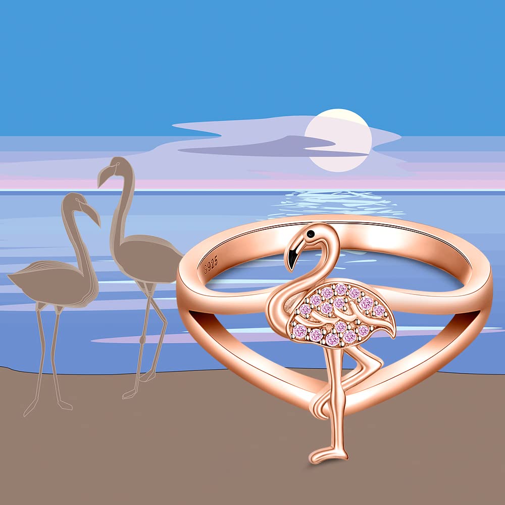 Flamingo Ring for Women Sterling Silver Cute Bird Rose Gold Pink Flamingo Wedding Rings Animal Engagement Finger Band Jewelry Gifts Size 8