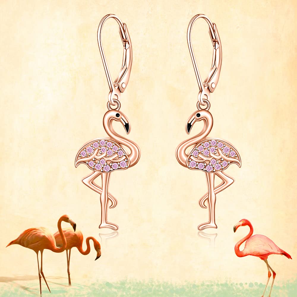 Flamingo Earrings for Women Sterling Silver Cute Bird Animal Rose Gold Pink Flamingo Dangle Hypoallergenic Christmas Holiday Summer Gifts