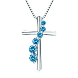 Silver Cross Necklace for Women March Birthstone Necklaces Jewelry Aquamarine Lab Simulated Diamond Blue Cubic Zirconia Birthday Gifts for Mom Women Lucky Jewelry Gift for Her Girlfriend Mama Wife