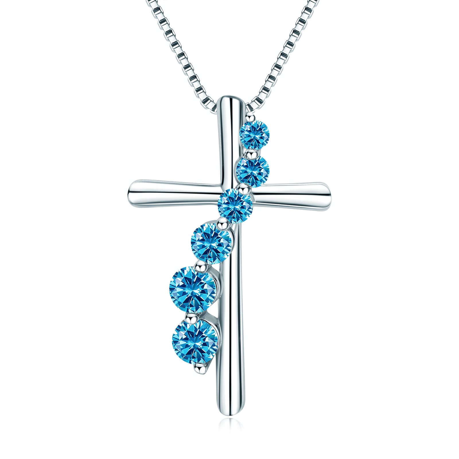 Silver Cross Necklace for Women March Birthstone Necklaces Jewelry Aquamarine Lab Simulated Diamond Blue Cubic Zirconia Birthday Gifts for Mom Women Lucky Jewelry Gift for Her Girlfriend Mama Wife