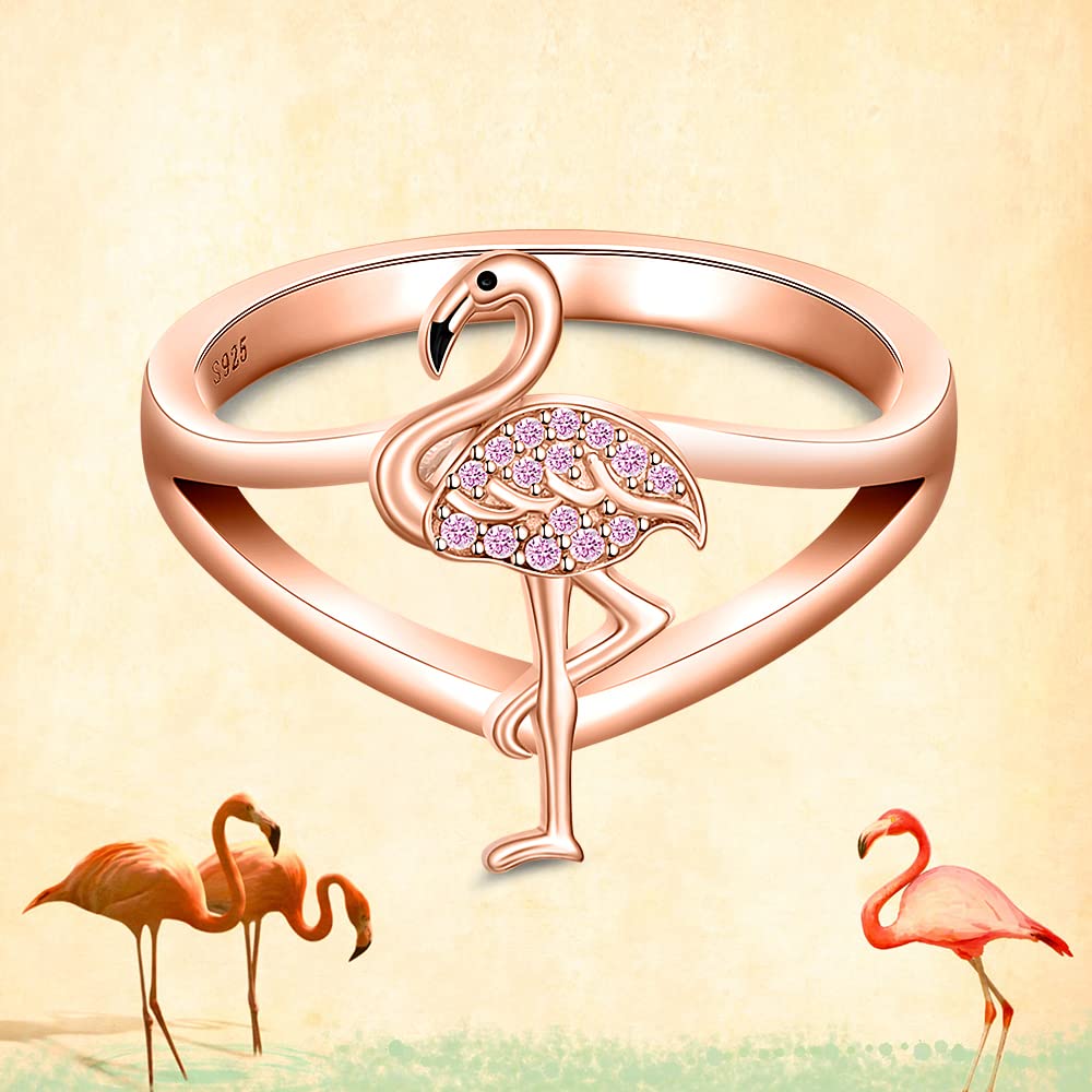 Flamingo Ring for Women Sterling Silver Cute Bird Rose Gold Pink Flamingo Wedding Rings Animal Engagement Finger Band Jewelry Gifts Size 8