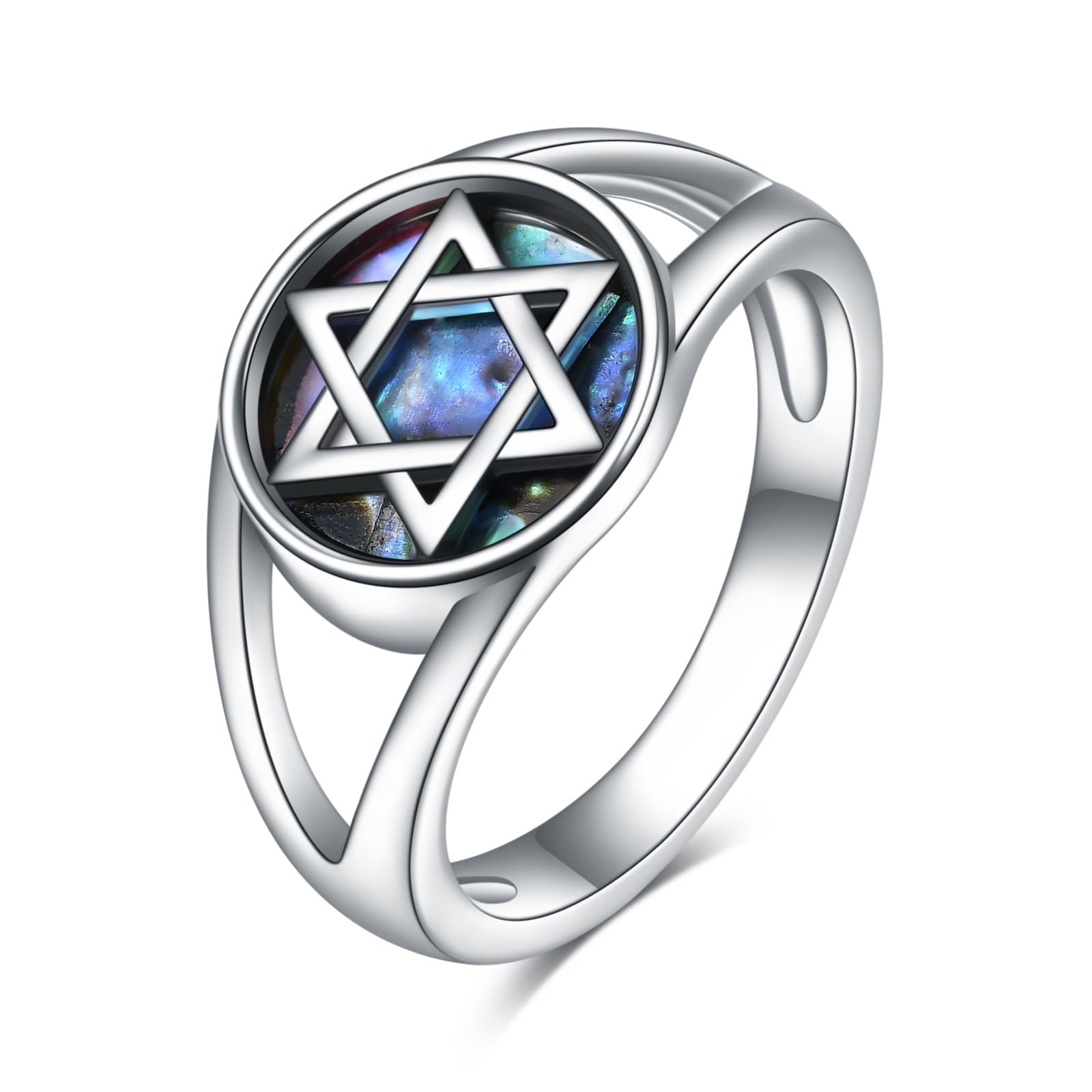 TIGER RIDER David's Star Band Ring 925 Sterling Silver Star of David Ring in Abalone Shell US7