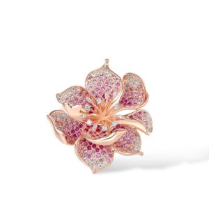 Santuzza 925 Sterling Silver Hibiscus Pendant Pink Sapphire Cubic Zirconia Flower Pendants for Women