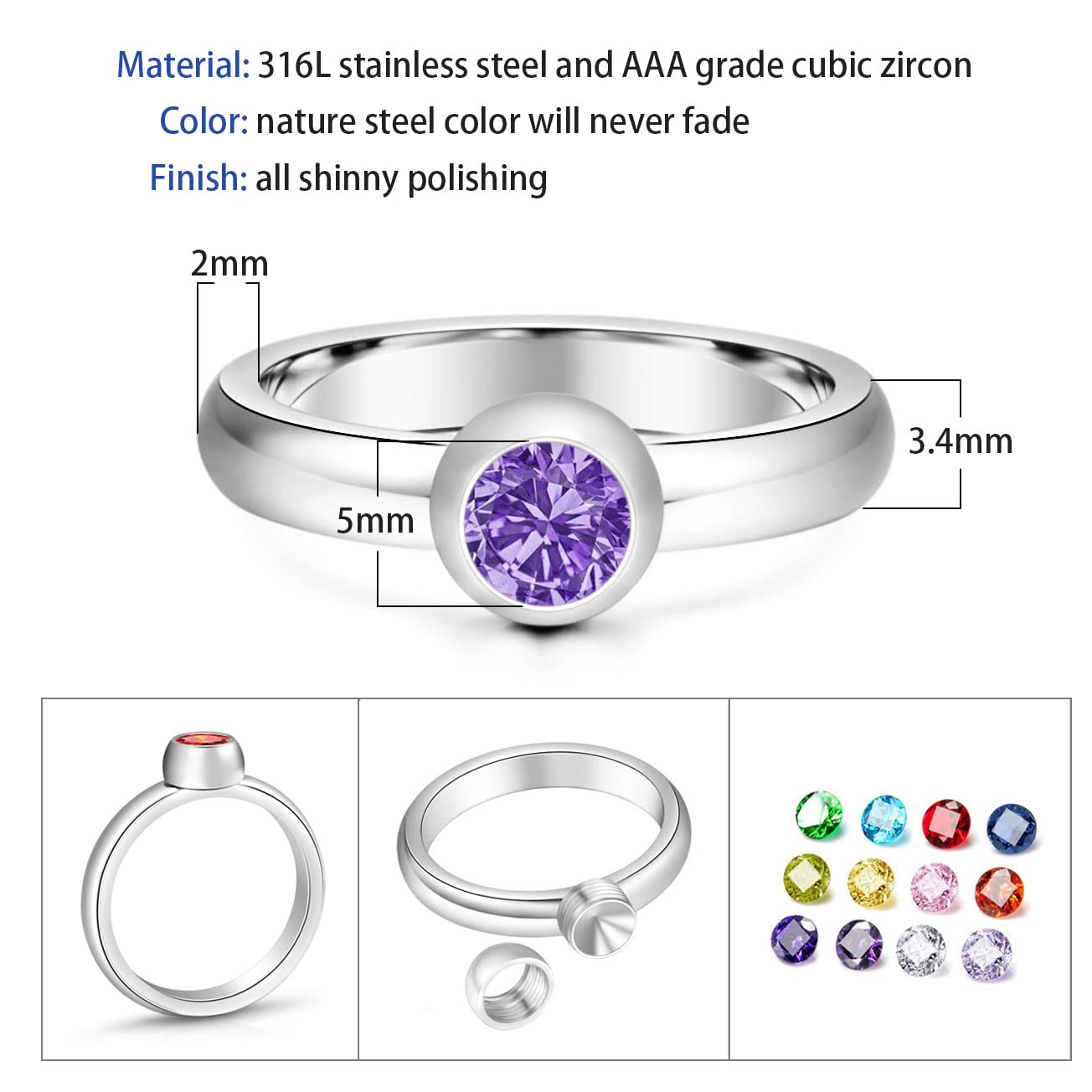 Birthstone Rings for Women CZ Crystal Rings for Girls Stainless Steel Rings Cute Pinky Ring for Teen Girls Aesthetic Jewelry