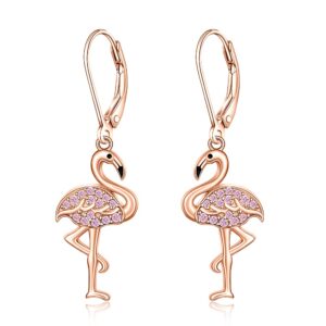 Flamingo Earrings for Women Sterling Silver Cute Bird Animal Rose Gold Pink Flamingo Dangle Hypoallergenic Christmas Holiday Summer Gifts