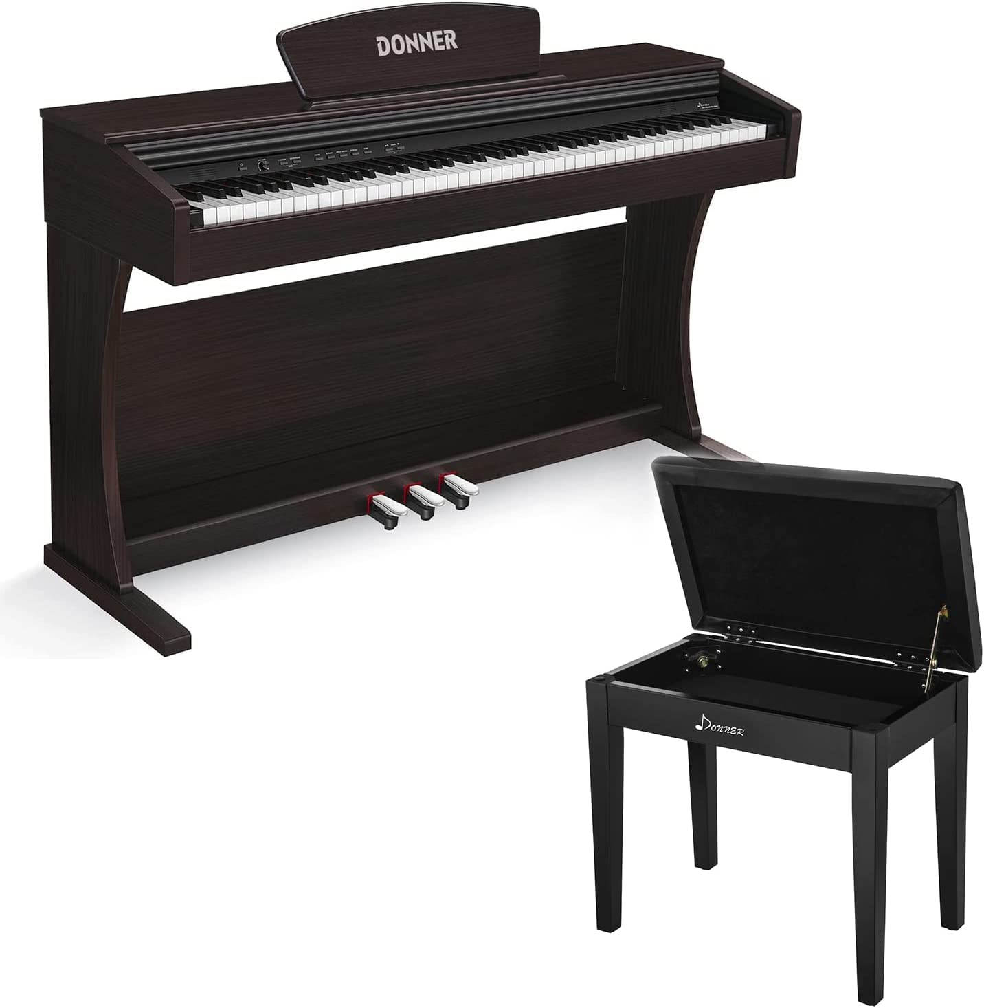 Donner DDP-300 Digital Piano + Black Piano Bench with Storage