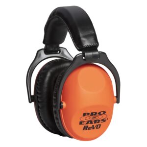 pro ears revo passive ear muffs, perfect for children & adults with smaller heads, nrr 25, comfortable fit w/proform leather cushions, ideal for hunting, concert, racing, usa-made, neon orange