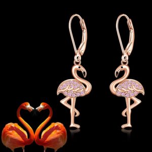 Flamingo Earrings for Women Sterling Silver Cute Bird Animal Rose Gold Pink Flamingo Dangle Hypoallergenic Christmas Holiday Summer Gifts