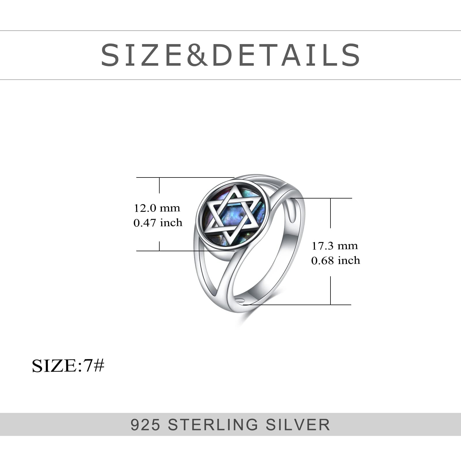 TIGER RIDER David's Star Band Ring 925 Sterling Silver Star of David Ring in Abalone Shell US7