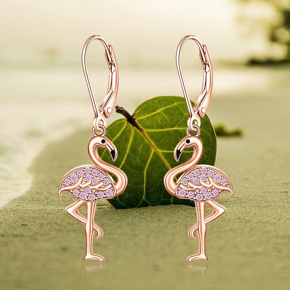 Flamingo Earrings for Women Sterling Silver Cute Bird Animal Rose Gold Pink Flamingo Dangle Hypoallergenic Christmas Holiday Summer Gifts