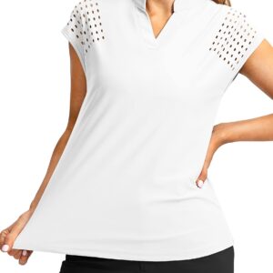 Soothfeel Women's Golf Shirt Cap Sleeve V Neck Polo Shirts Lightweight Quick Dry Workout Tennis Shirts Tops for Women(White, L)