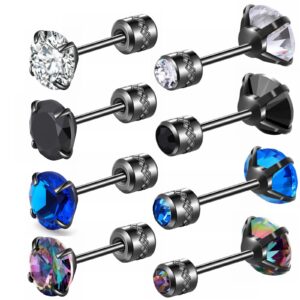 4 Pairs Black Screw Back of Earrings Cubic Zirconia Studs for Women Men 20G Can Wear Double Side Surgical Stainless Steel Hypoallergenic Jewelry (4 Pairs Black 6mm)