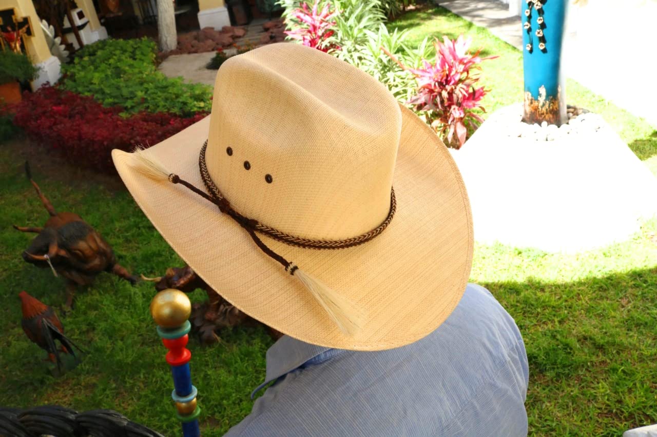 Panama Hat Genuine Horse Hair Double Tail Tassel Hat Band Cowboy Best Western Yellowstone Style - Adjustable Size - Brown and White