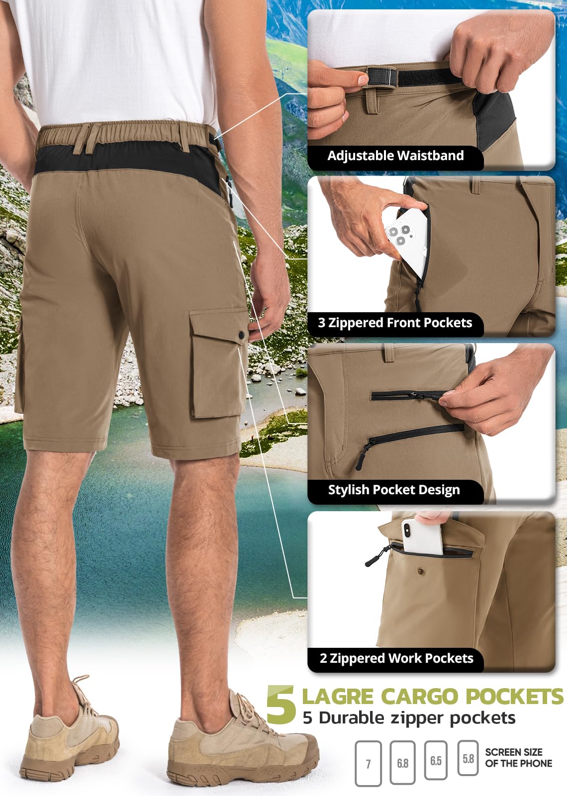 Hiauspor Men's Hiking Cargo Shorts Quick Dry Lightweight Casual Fishing Tactical Golf for Outdoor with 5 Pockets(Khaki, Medium)