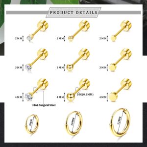 FASACCO Small Tiny Stud Flat Back Earring Hypoallergenic Gold Studs 14K Surgical Steel Earring Sets for Multiple Piercing Cartilage Hoop Earrings