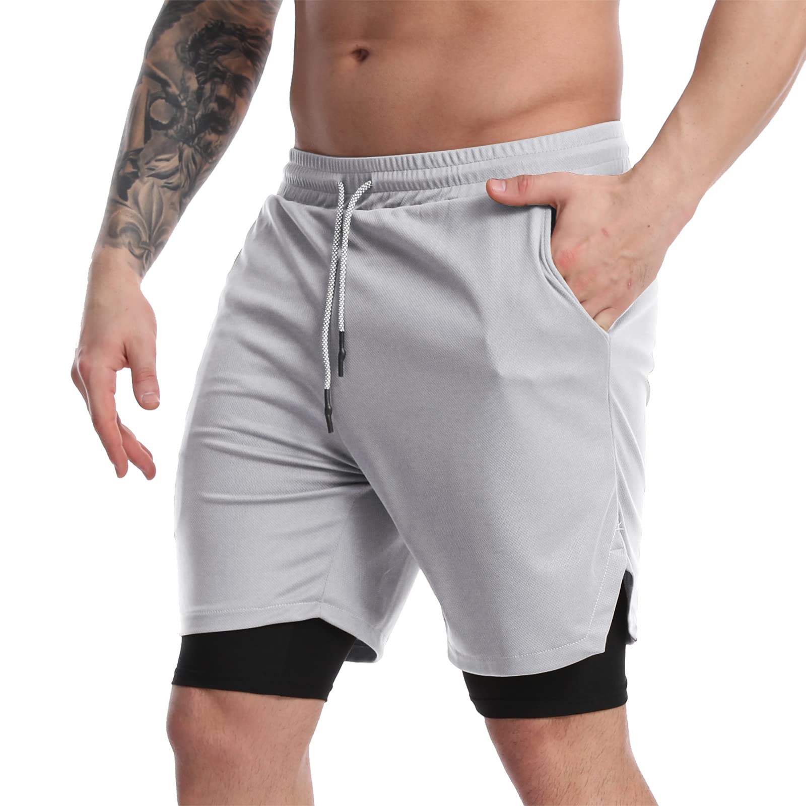 Suwangi Men's 2 in 1 Workout Running Shorts 7" Lightweight Quick-Dry Short Gym Athletic Training Yoga Short with Phone Pocket