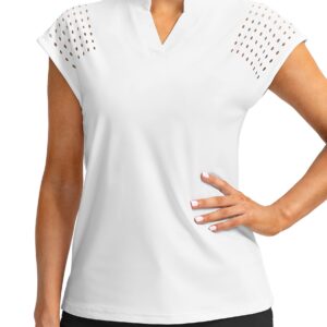 Soothfeel Women's Golf Shirt Cap Sleeve V Neck Polo Shirts Lightweight Quick Dry Workout Tennis Shirts Tops for Women(White, L)