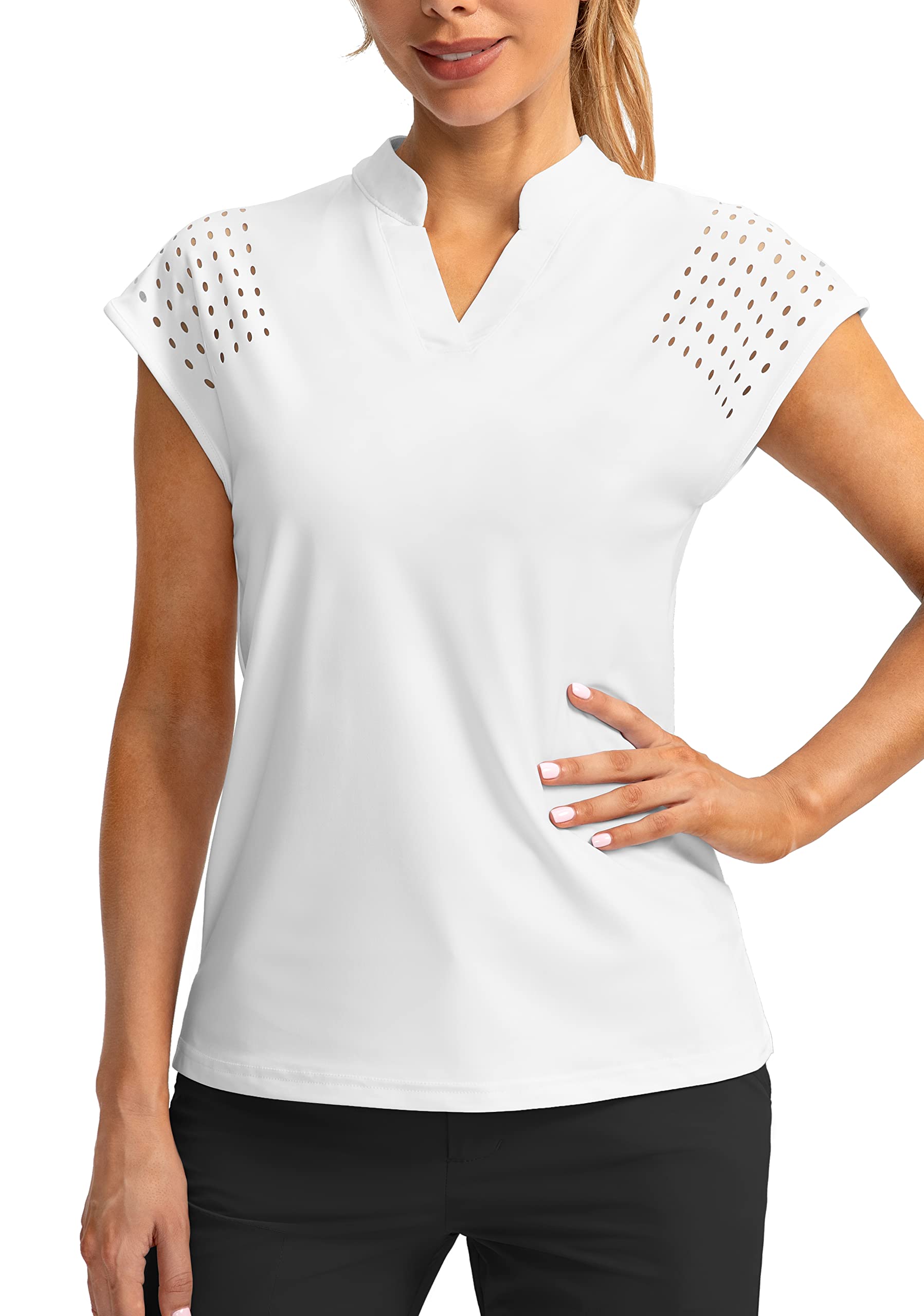 Soothfeel Women's Golf Shirt Cap Sleeve V Neck Polo Shirts Lightweight Quick Dry Workout Tennis Shirts Tops for Women(White, L)