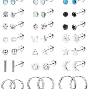 LOLIAS 21Pairs Surgical Steel Flat Back Earrings Hypoallergenic 20G Screw Back Nap Stack Cartilage Earring Stacks