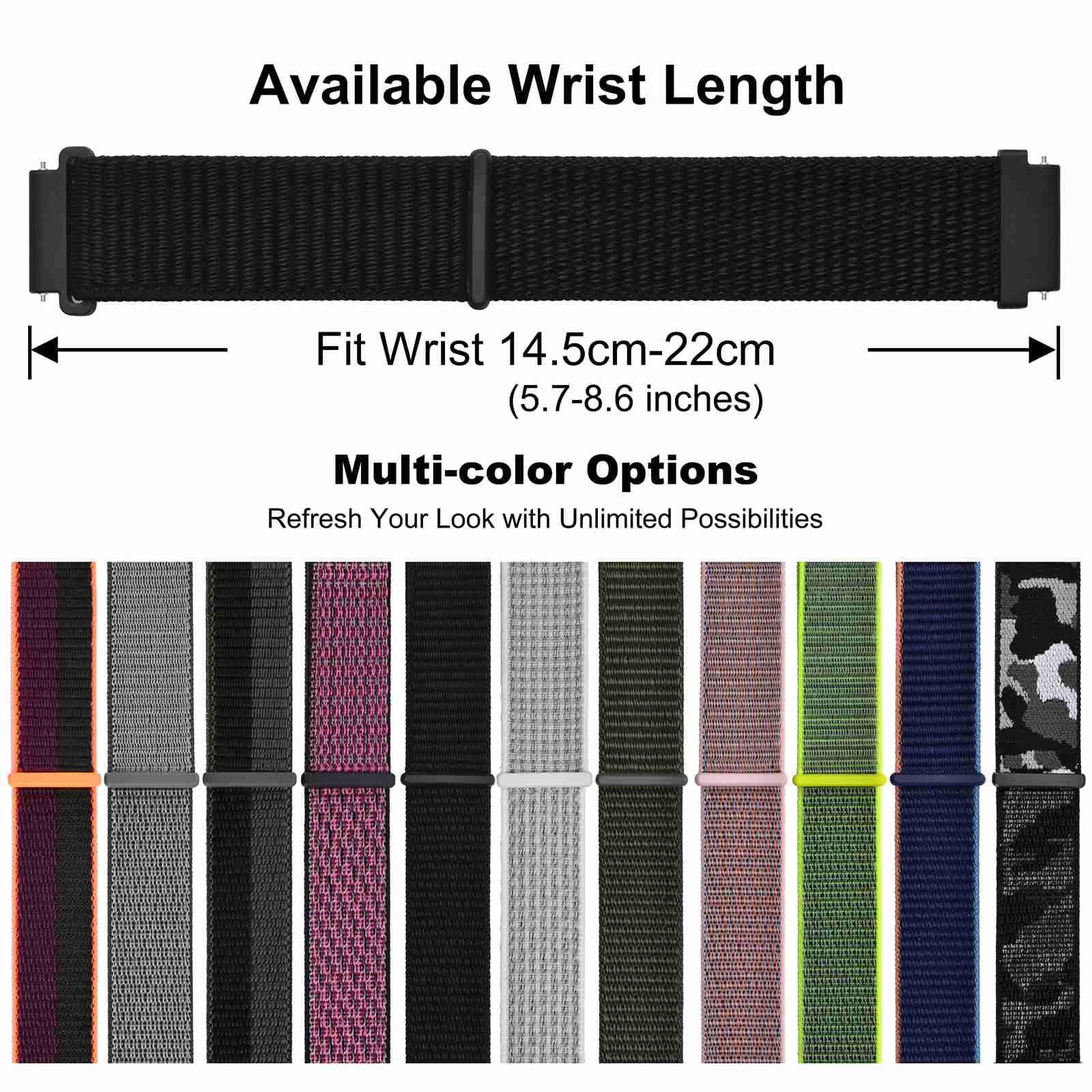 WOCCI 18mm Adjustable Nylon Watch Band, Quick Release Sport Loop Strap (Black)